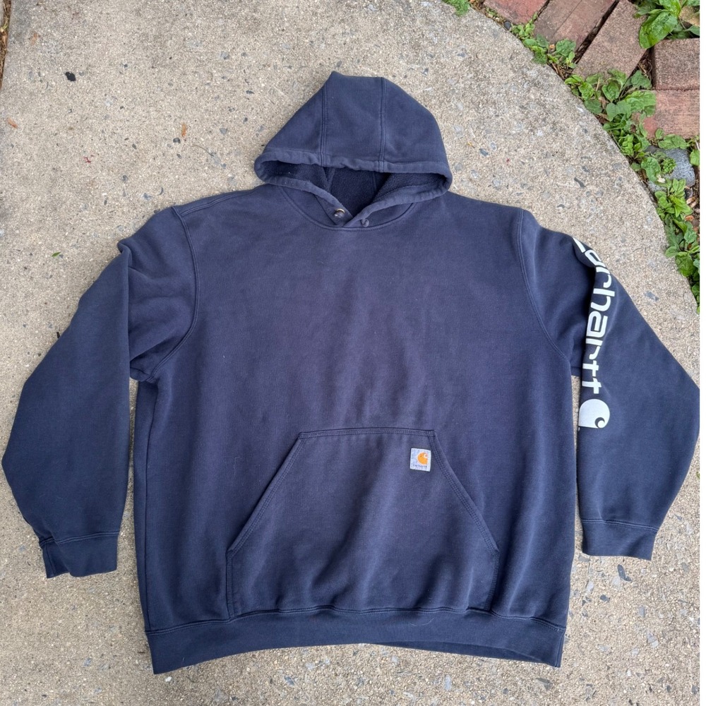 Carhartt Mens Loose Fit Midweight Logo Sleeve Hoodie Navy Blue 2XL K288